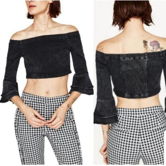 Zara EUC Denim Cropped Off Shoulder Top Ruffled Sleeves Size S - Picture 1 of 15